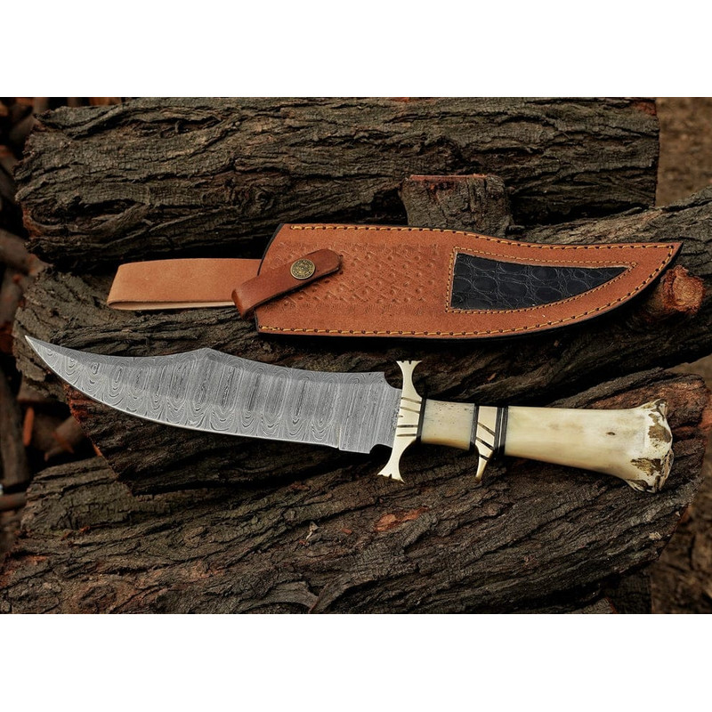 155 Inches Personalized Damascus Steel Hunting Knife Camel Bone Handle Premium Leather Sheath Best 0