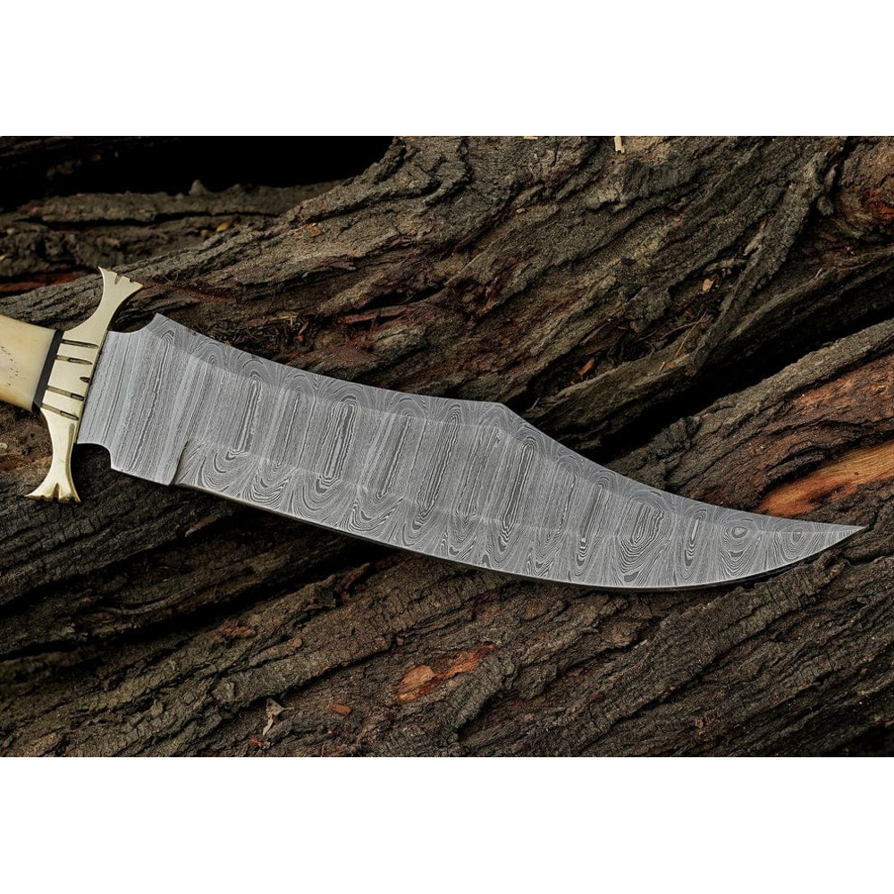 155 Inches Personalized Damascus Steel Hunting Knife Camel Bone Handle Premium Leather Sheath Best 3