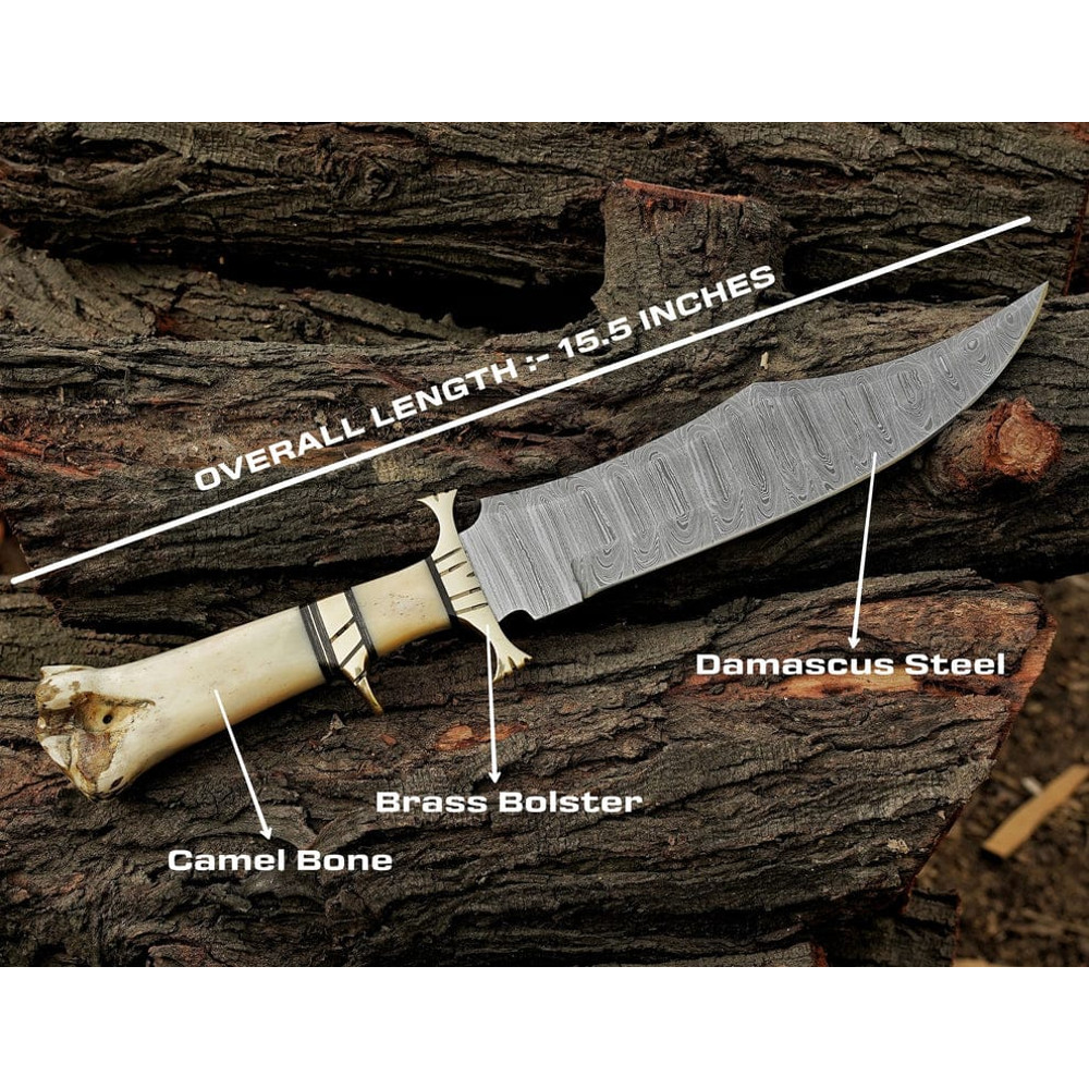 155 Inches Personalized Damascus Steel Hunting Knife Camel Bone Handle Premium Leather Sheath Best 1