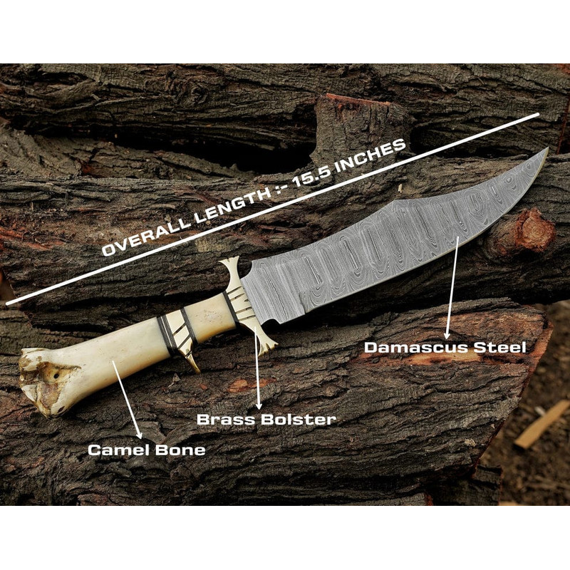 155 Inches Personalized Damascus Steel Hunting Knife Camel Bone Handle Premium Leather Sheath Best 1