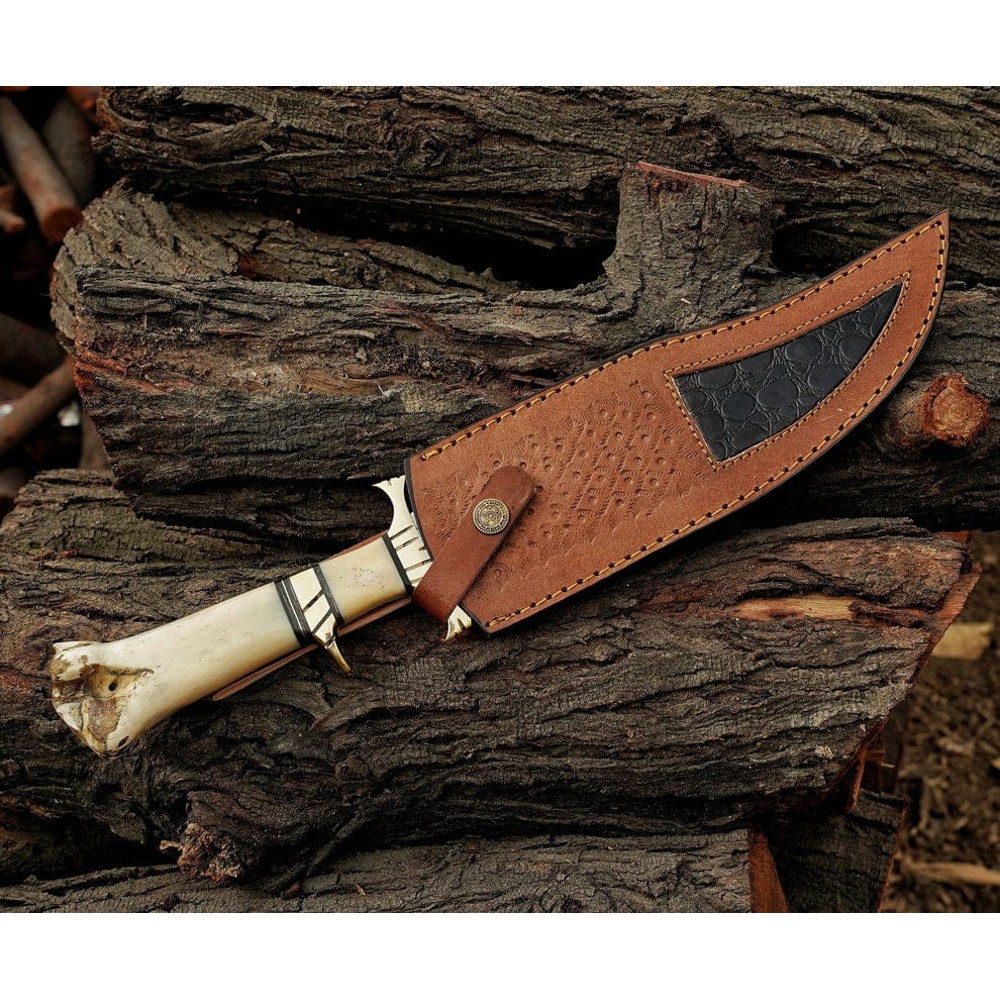 155 Inches Personalized Damascus Steel Hunting Knife Camel Bone Handle Premium Leather Sheath Best 4