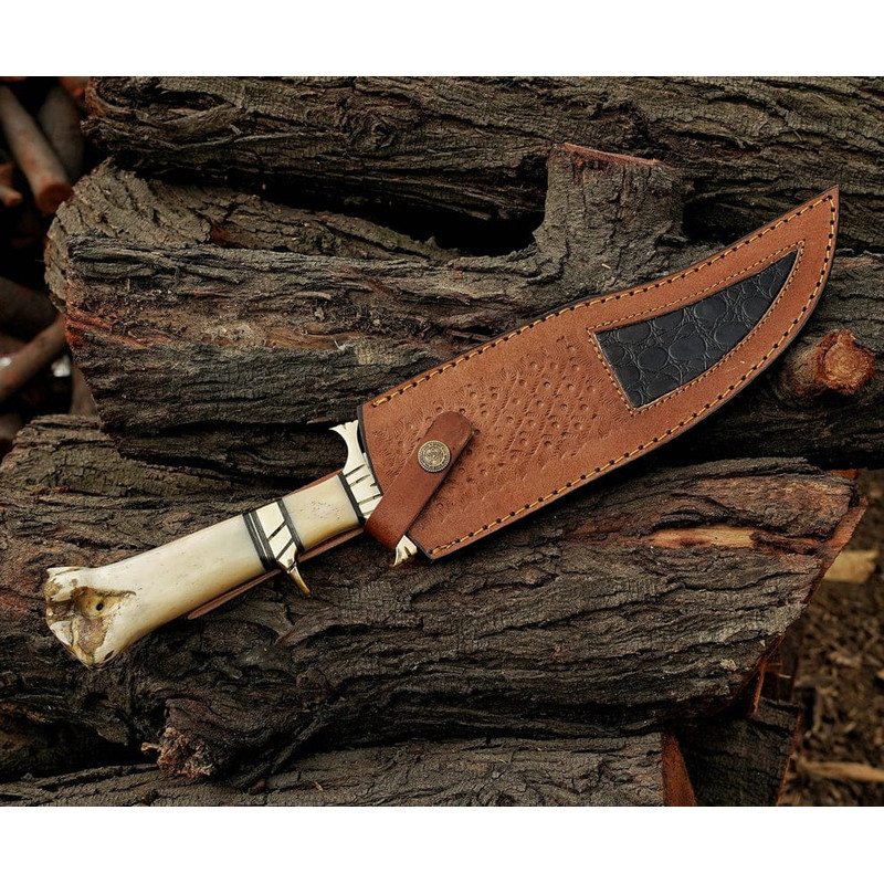 155 Inches Personalized Damascus Steel Hunting Knife Camel Bone Handle Premium Leather Sheath Best 4