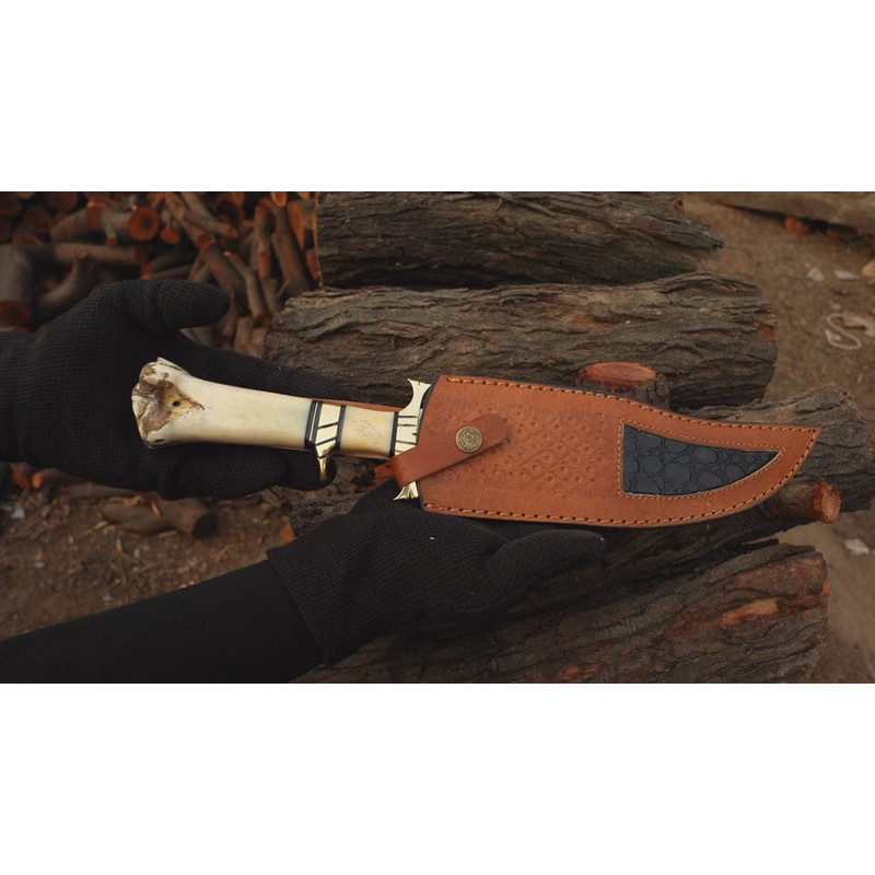 155 Inches Personalized Damascus Steel Hunting Knife Camel Bone Handle Premium Leather Sheath Best 5