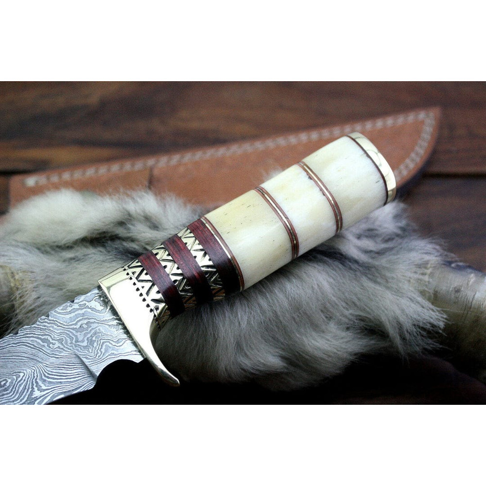 Custom Handmade Damascus Steel Bone Handle Hunting Knife With Leather Sheath Compact Outdoor Huntin