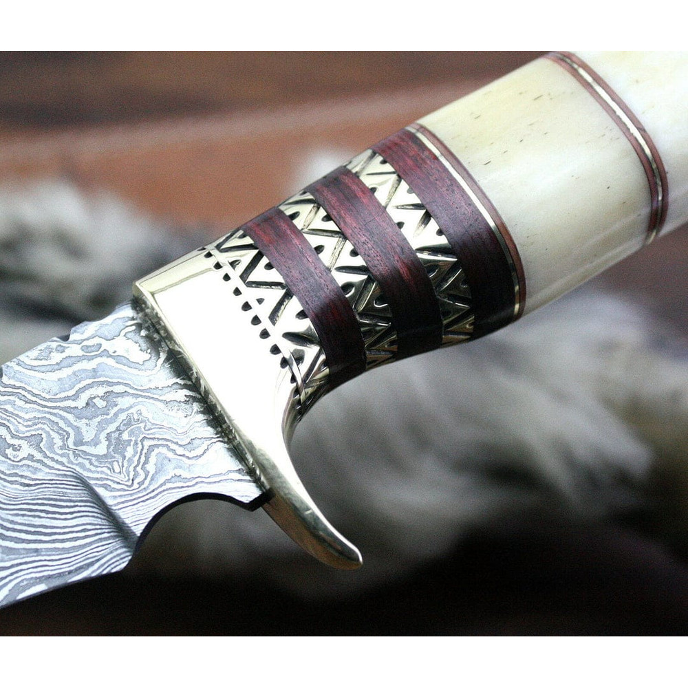 Custom Handmade Damascus Steel Bone Handle Hunting Knife With Leather Sheath Compact Outdoor Huntin
