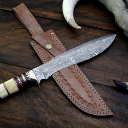custom handmade damascus steel bone handle hunting knife with leather sheath compact outdoor hunting knife, best gift