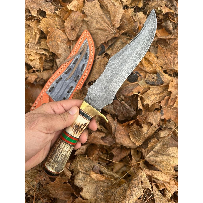 Premium Quality Handmade Damascus Steel Fixed Blade Bowie Knife Stag Handle Brass Guard 1