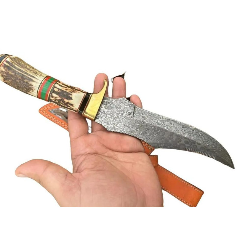 Premium Quality Handmade Damascus Steel Fixed Blade Bowie Knife Stag Handle Brass Guard 2