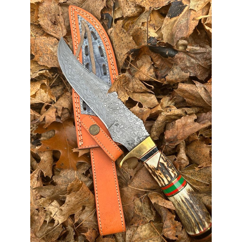 Premium Quality Handmade Damascus Steel Fixed Blade Bowie Knife Stag Handle Brass Guard 0