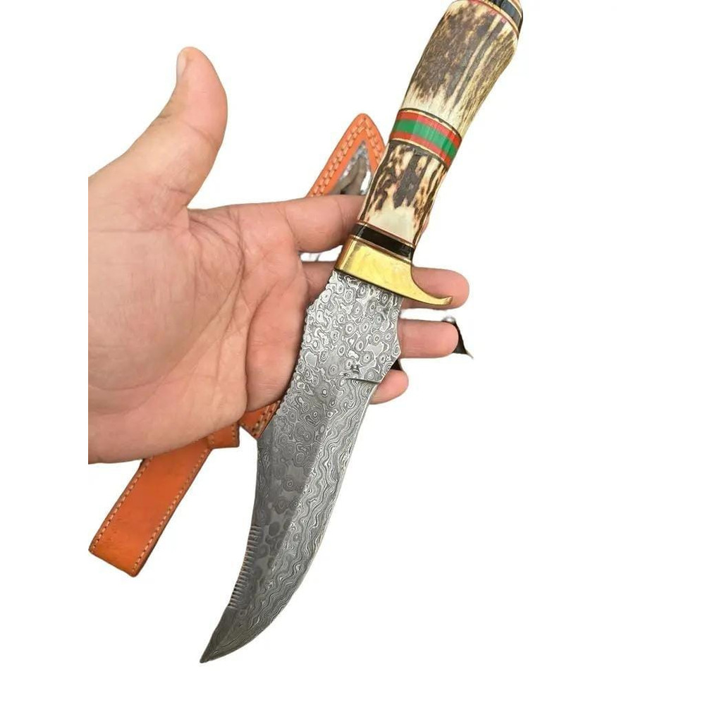 Premium Quality Handmade Damascus Steel Fixed Blade Bowie Knife Stag Handle Brass Guard 3