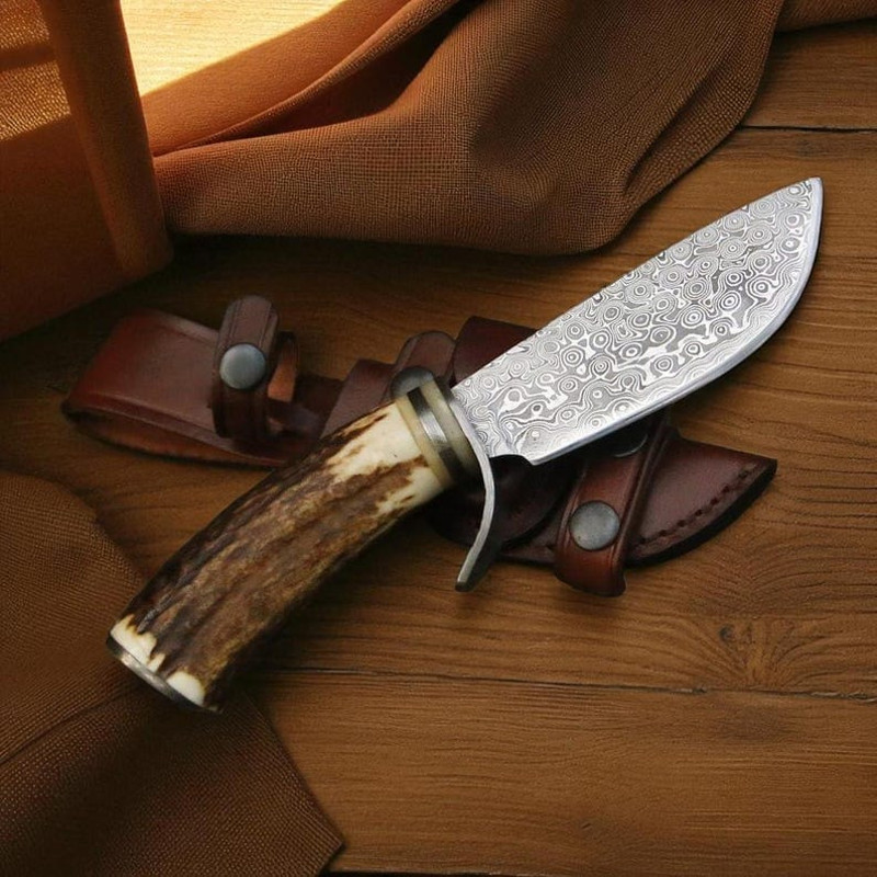 Top Rated Bowie Knife  Handmade Damascus Steel  Antler Handle  Best Handmade Bowie Knife With Leath 2