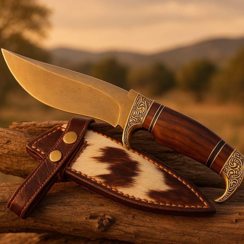 Blade Frenzy Damascus Hunting Knife Hand Engraved Brass Guard Wood Handle Leather Sheath Best Gift 4