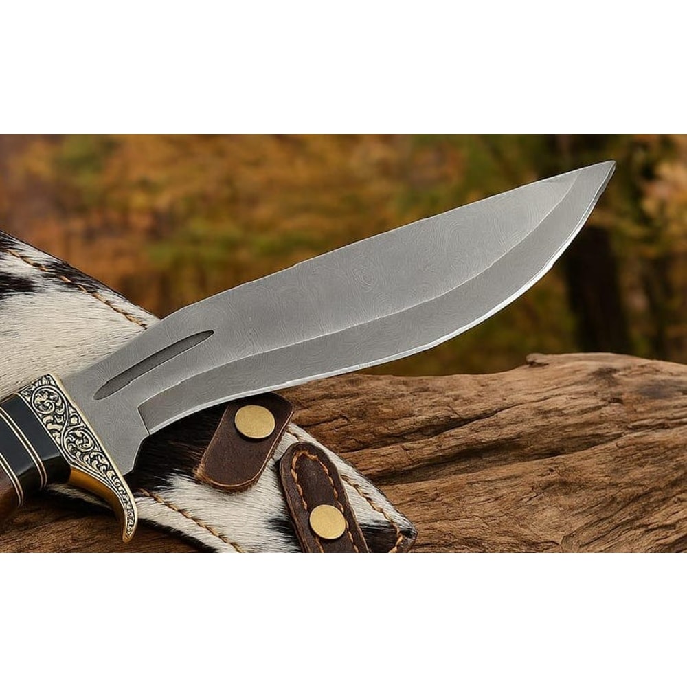 Blade Frenzy Damascus Hunting Knife Hand Engraved Brass Guard Wood Handle Leather Sheath Best Gift 1