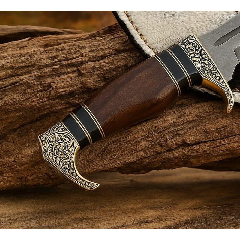 Blade Frenzy Damascus Hunting Knife Hand Engraved Brass Guard Wood Handle Leather Sheath Best Gift 2