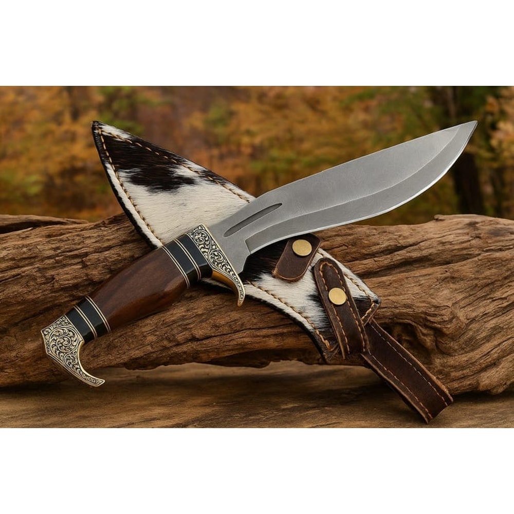 Blade Frenzy Damascus Hunting Knife Hand Engraved Brass Guard Wood Handle Leather Sheath Best Gift 3