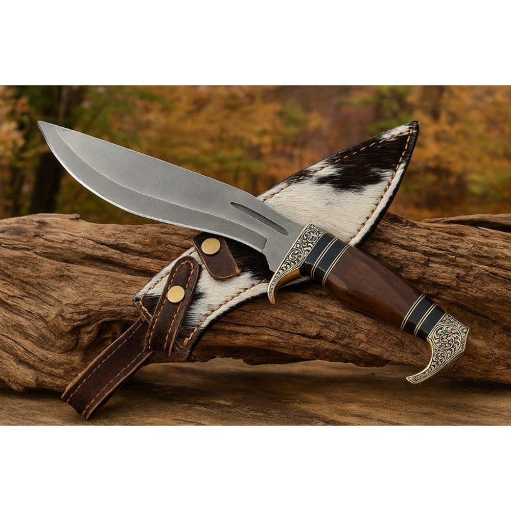 Blade Frenzy Damascus Hunting Knife Hand Engraved Brass Guard Wood Handle Leather Sheath Best Gift 0