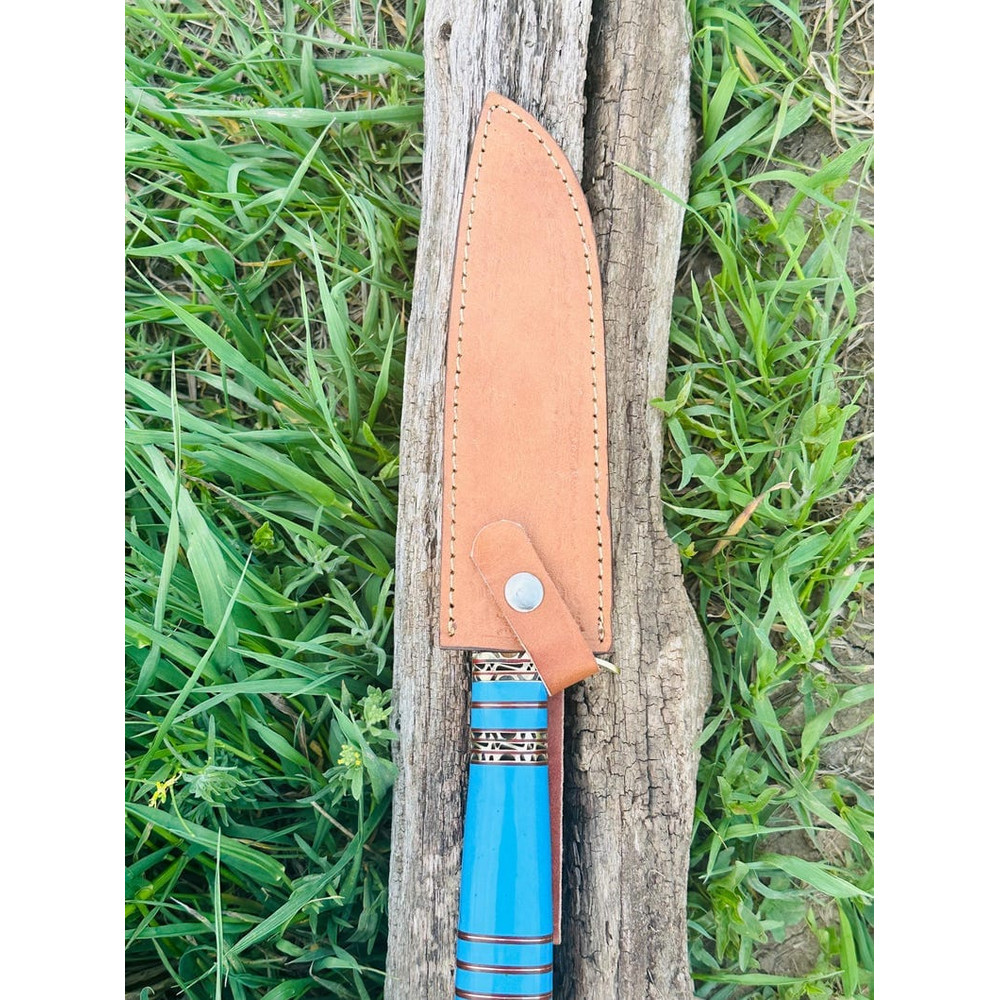 Hand Forged Damascus Hunting Knife With Blue Resin Handle And Brass Guard Unique Collectors Blade F 5