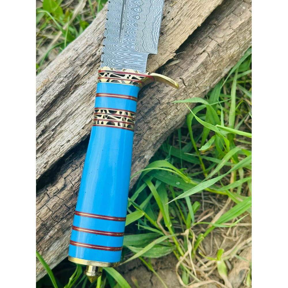 Hand Forged Damascus Hunting Knife With Blue Resin Handle And Brass Guard Unique Collectors Blade F 3