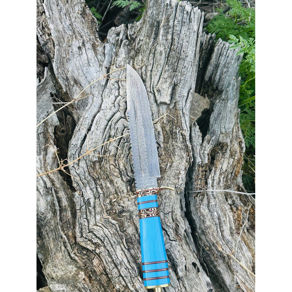 Hand Forged Damascus Hunting Knife With Blue Resin Handle And Brass Guard Unique Collectors Blade F 4
