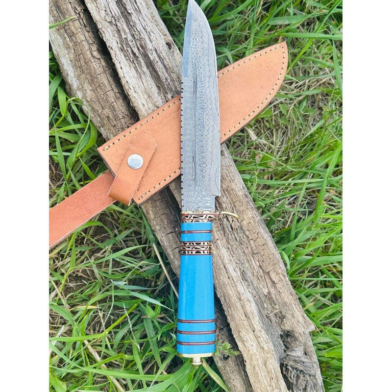 Hand Forged Damascus Hunting Knife With Blue Resin Handle And Brass Guard Unique Collectors Blade F 1