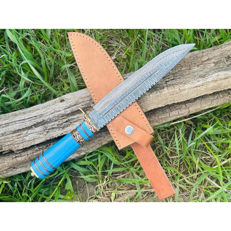 Hand Forged Damascus Hunting Knife With Blue Resin Handle And Brass Guard Unique Collectors Blade F 0