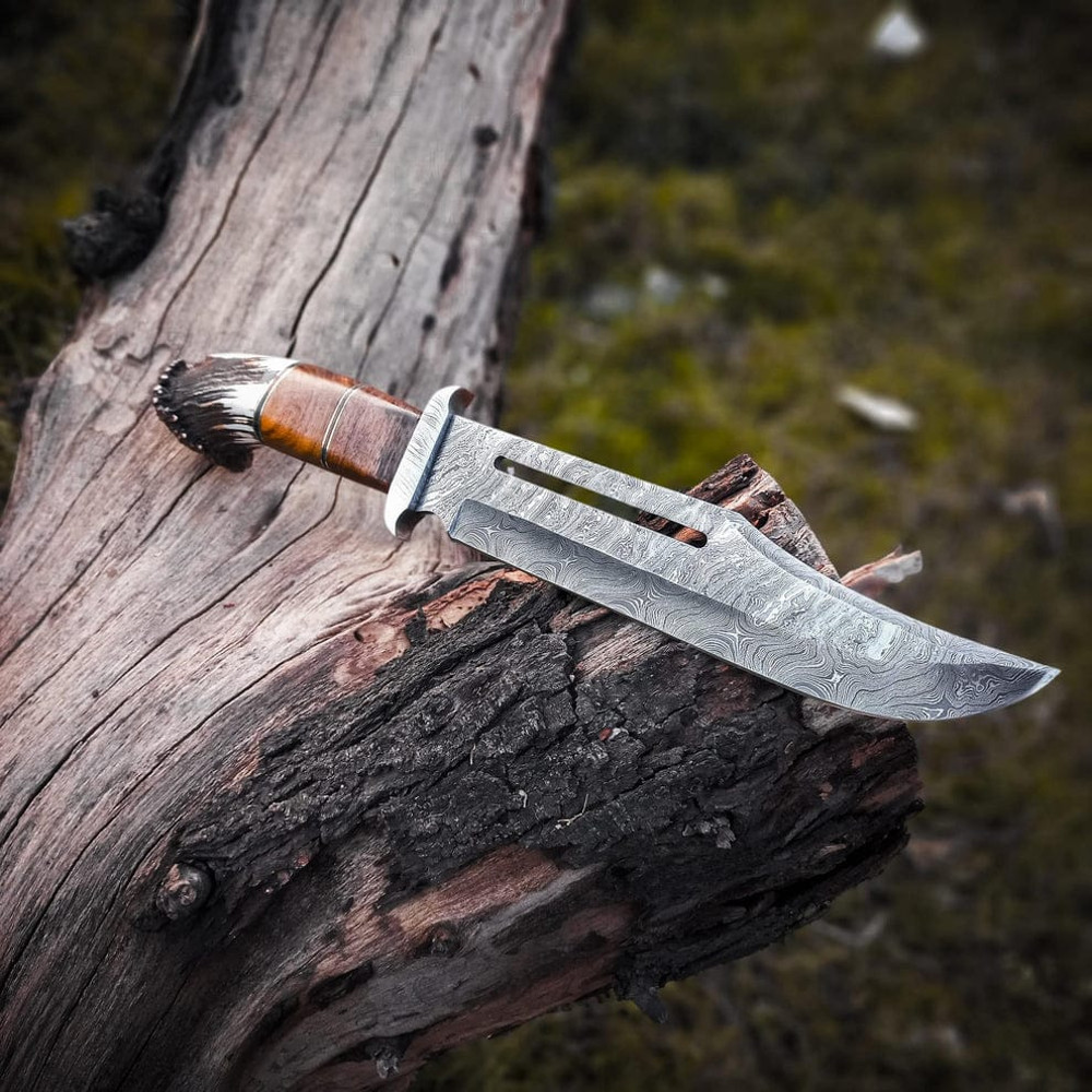 Custom Handmade Damascus Steel Bowie Knife With Damascus Steel Guard And Stag Handle 1
