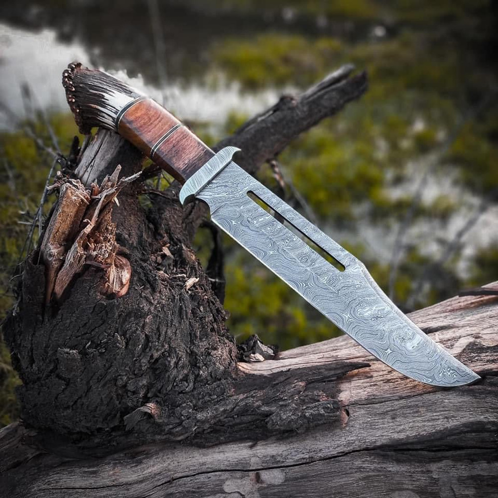 Custom Handmade Damascus Steel Bowie Knife With Damascus Steel Guard And Stag Handle 0