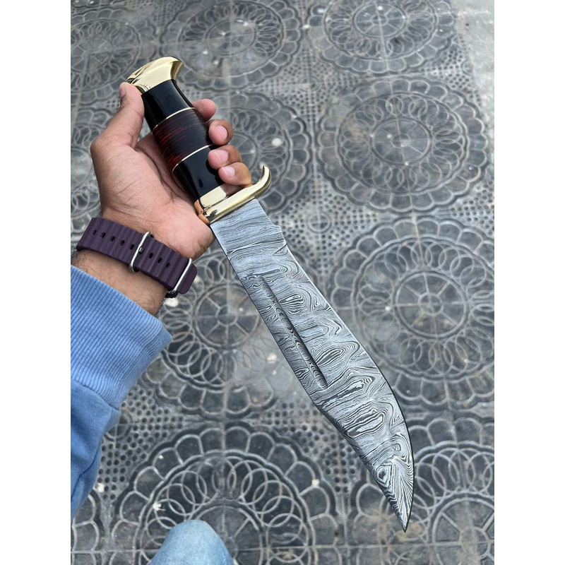 Custom Handmade Damascus Steel Heavy Duty Crocodile Dundee Hunting Bowie Knife 1