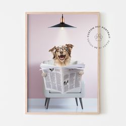 dog read newspaper, digital pet portrait, pet portrait canvas, pet customization, funny wall art, dog painting, dog art
