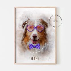 watercolor art with dog photo, dog watercolor portrait, watercolor wall art, dog memorial gift, dog glasses, pet art