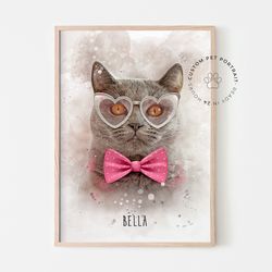 Watercolor Cat Portrait from Photo, Cat lover gift, Custom cat portrait, Mini Cat Painting, Cat clothes, Cat glasses