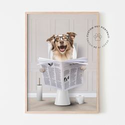 Pet Read Newspaper in Toilet, Funny Pet Portrait, Pet in Bathtub, Personalized pet gift, Kids Bathroom Wall Art, Pet art