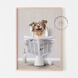 pet read newspaper in toilet, funny pet portrait, pet in bathtub, personalized pet gift, kids bathroom wall art, pet art