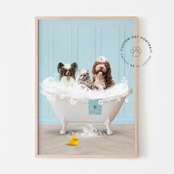 3 pets in bathtub custom pet portrait from photo, multiple pet portrait, funny bathroom dog art, custom drawing pet, dog