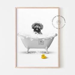 personalized bathroom decor, custom pet portrait, pet in bathtub, animal in tub, bathroom art, kids bathroom wall art