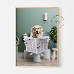 Custom Pet Portrait, Dog Read Newspaper in Toilet, Funny Pet Portrait, Kids Bathroom Wall Art, Toilet Print, Animal art