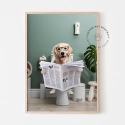 custom pet portrait, dog read newspaper in toilet, funny pet portrait, kids bathroom wall art, toilet print, animal art