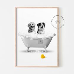 custom pet portrait from photo dogs in bathtub, bathroom wall art, black and white picture of dog, 2 dogs bathroom