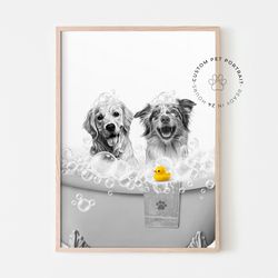 Two pets in Bathtub Custom Pet Portrait from photo, Funny Bathroom Dog Art, Personalized Pet Dog Gift Illustration