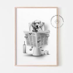 dog portrait read newspaper in toilet, funny bathroom art, pet in toilet print, kids bathroom wall art, personalized cat