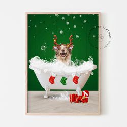 Christmas gift idea, Cristmas pet portrait in Bathtub, Personalized bathroom decor, dog bathroom art, Animal in Tub