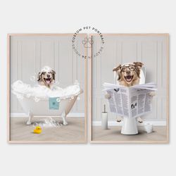 pet read newspaper in toilet, pet in bathtub, funny pet portrait, personalized pet gift, kids bathroom wall art, pet art