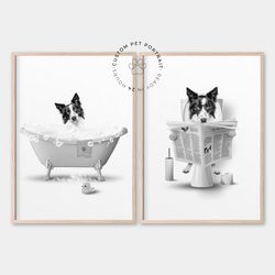 personalized bathroom decor, dog reading newspaper, pet in bathtub, animal in tub, bathroom art, kids bathroom wall art
