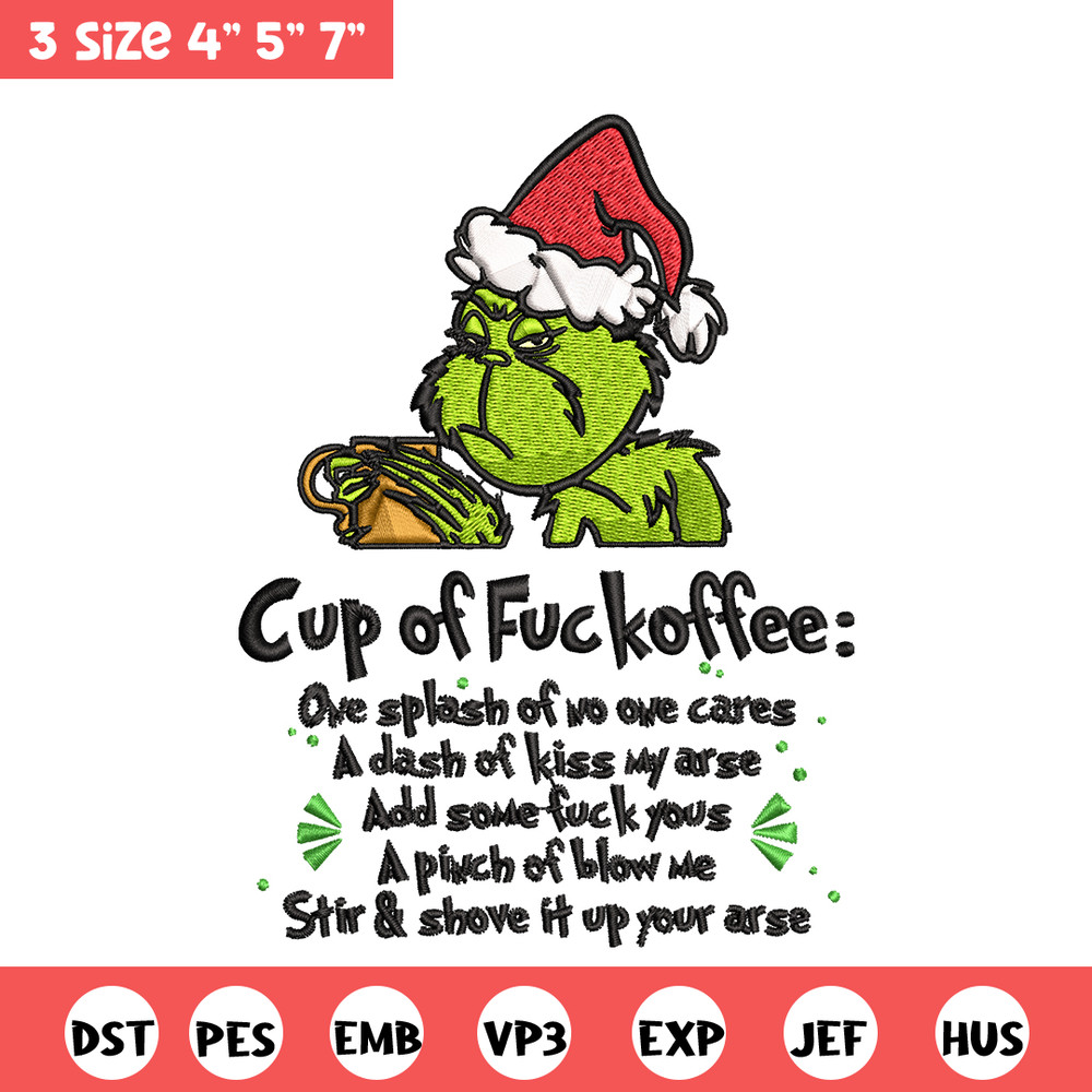 Cup of fuckoffee grinch Embroidery design, Grinch christmas Embroidery, Embroidery File, Grinch design, Instant download.jpg