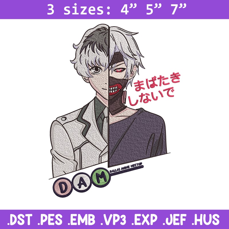 Ken kaneki Embroidery Design, Tokyo Ghoul Embroidery, Embroidery File, Anime Embroidery, Anime shirt, Digital download.jpg