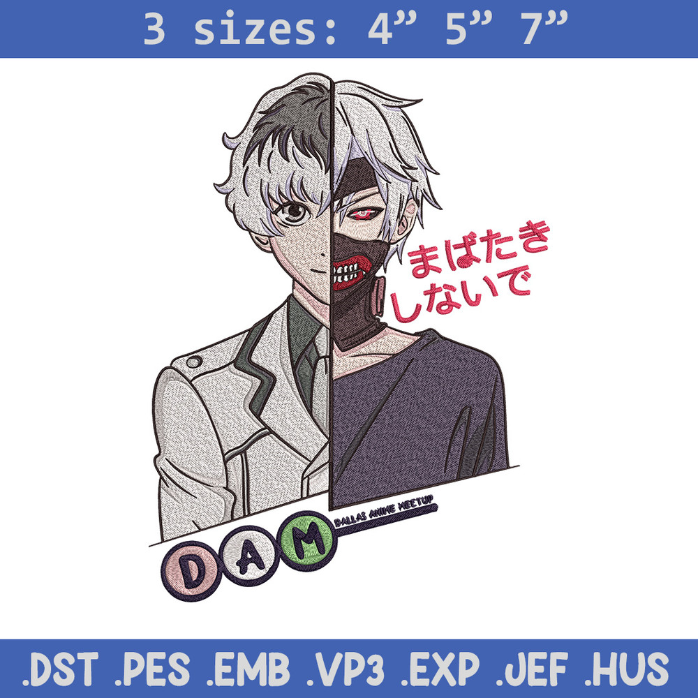 Ken kaneki Embroidery Design, Tokyo Ghoul Embroidery, Embroidery File, Anime Embroidery, Anime shirt, Digital download.jpg