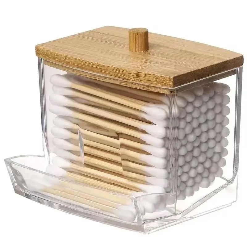 Transparent Square Cotton Swab Storage Box With Bamboo Lid Double Head Cotton Buds  Toothpick Organ 0