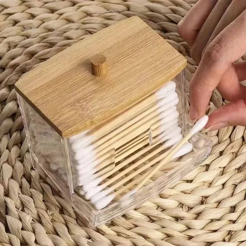Transparent Square Cotton Swab Storage Box With Bamboo Lid Double Head Cotton Buds  Toothpick Organ 1