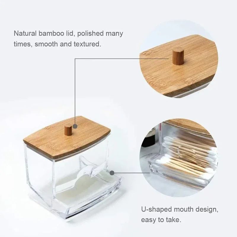 Transparent Square Cotton Swab Storage Box With Bamboo Lid Double Head Cotton Buds  Toothpick Organ 2