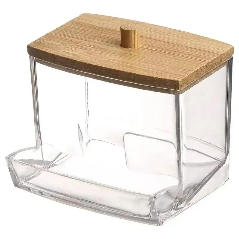 Transparent Square Cotton Swab Storage Box With Bamboo Lid Double Head Cotton Buds  Toothpick Organ 6